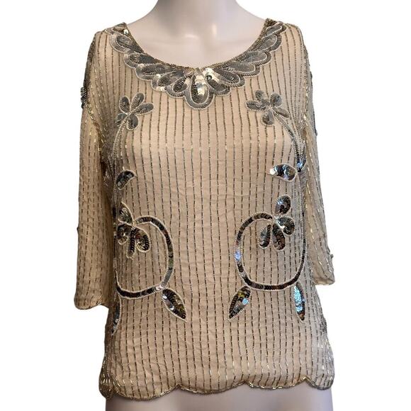 Vintage 60s Ivory Sequin Floral Beaded Silk Top Sz M 3/4 Sleeve Scalloped Beaded - Picture 14 of 16